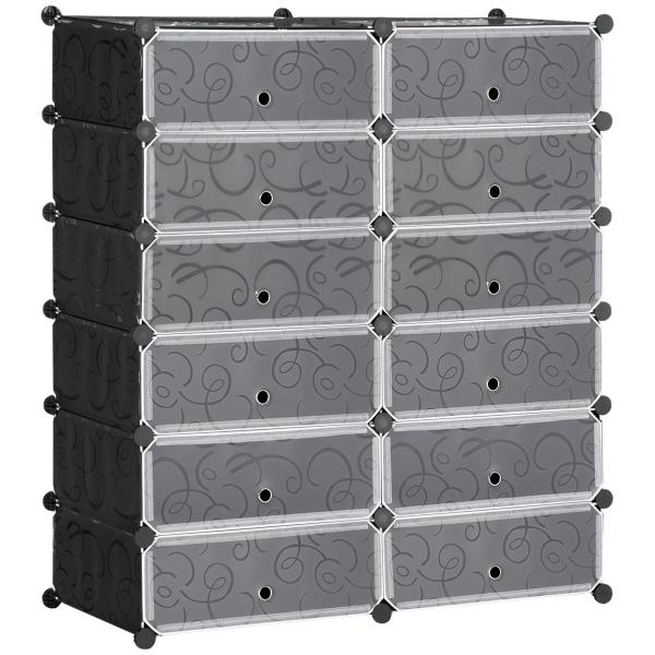 Sapateira Modular de Cubos de Plástico Armário Modular para Sapatos com 12 Cubos com Porta Desenho de DIY 94x37x108 cm Preto