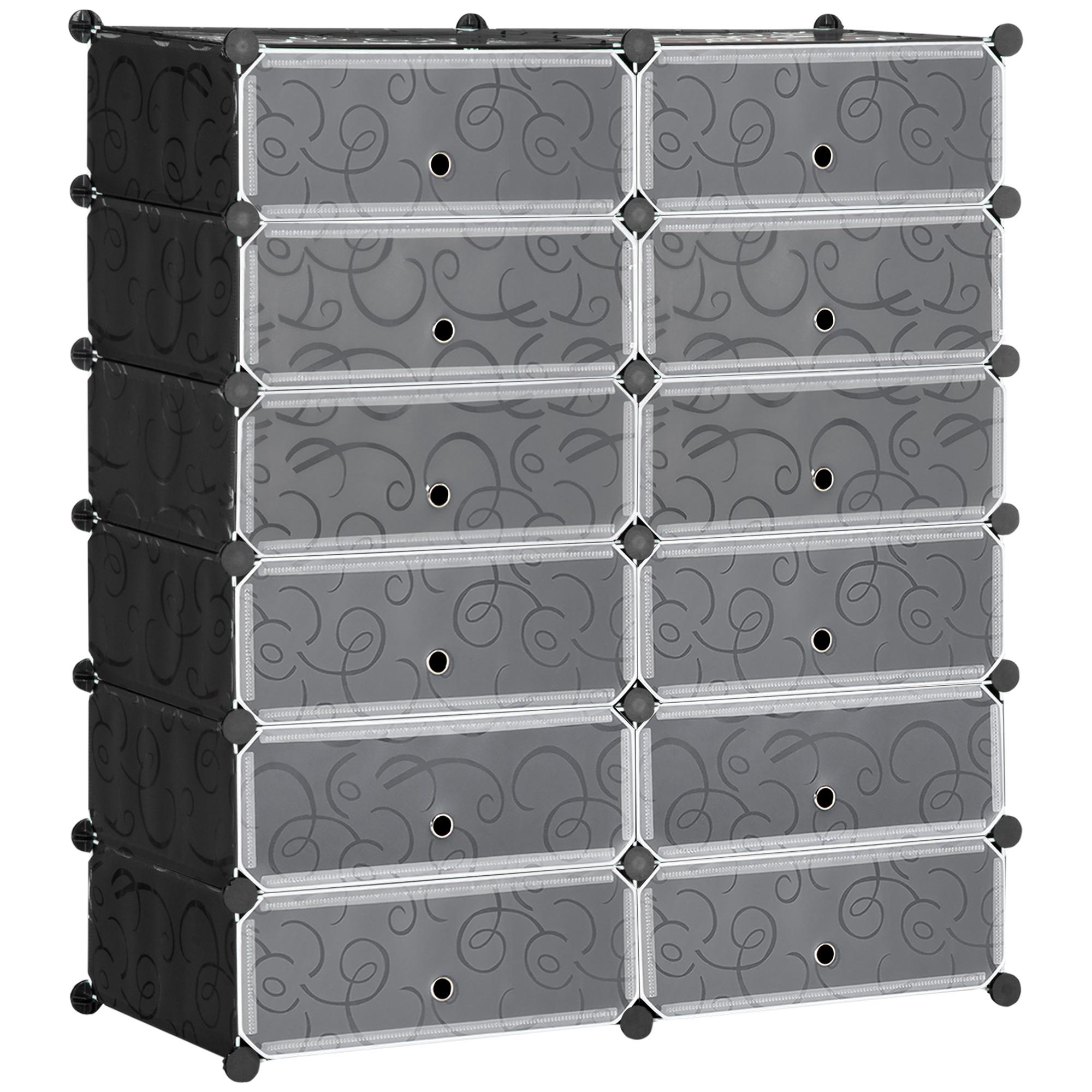 Sapateira Modular de Cubos de Plástico Armário Modular para Sapatos com 12 Cubos com Porta Desenho de DIY 94x37x108 cm Preto