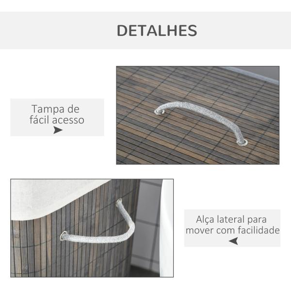 Cesto para Roupa Suja de Bambú Capacidade de 100L com Tampa Removível Bolsa com 2 Compartimentos 52x32x63 cm Cinza