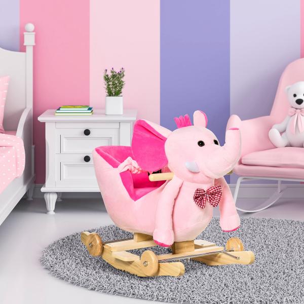 Cavalo Baloiço com Rodas e Forma de Elefante com Músicas Infantis e Cinto de Segurança 60x35x45 cm Rosa