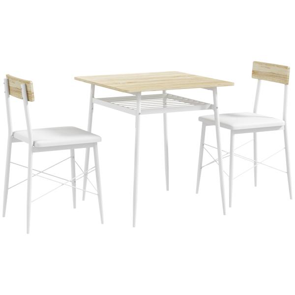 Conjunto de Refeição de 3 Peças Conjunto 1 Mesa 70x70x75 cm e 2 Cadeiras 40x50x80 cm com Prateleira de Armazenamento Branco e Madeira