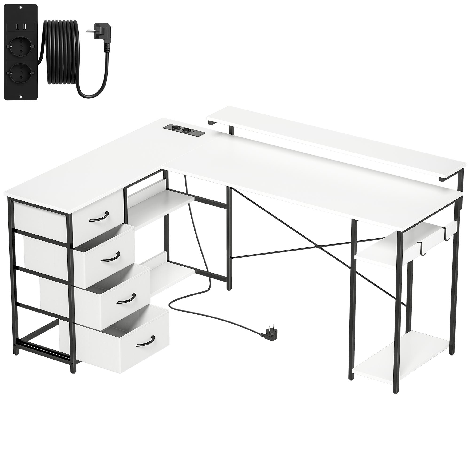 Mesa de Canto para Computador Amplo Espaço de Arrumação com 4 Gavetas 155x112x91,5 cm Branco