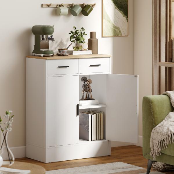 Aparador de Sala de Estar com 2 Gavetas e Prateleiras Ajustáveis 68,6x35x90,3 cm Branco e Madeira