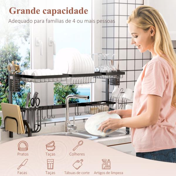 Escorredor de Louça de Aço de 2 Níveis com Prateleira para Pratos Suporte para Facas e Talheres 100x30x52,5cm Preto