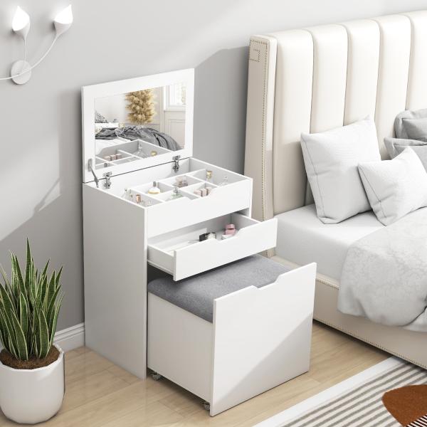 Toucador com Banco Oculto e Espelho Rebatível Mesa de Maquilhagem com Gaveta e 7 Compartimentos Banco Acolchoado Branco