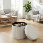 Puff de Arrumação Banco de Arrumação Dobrável 35 L 38x38x38 cm Estofado em Veludo Baú de Arrumação Redondo Creme