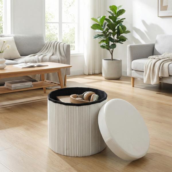 Puff de Arrumação Banco de Arrumação Dobrável 35 L 38x38x38 cm Estofado em Veludo Baú de Arrumação Redondo Creme