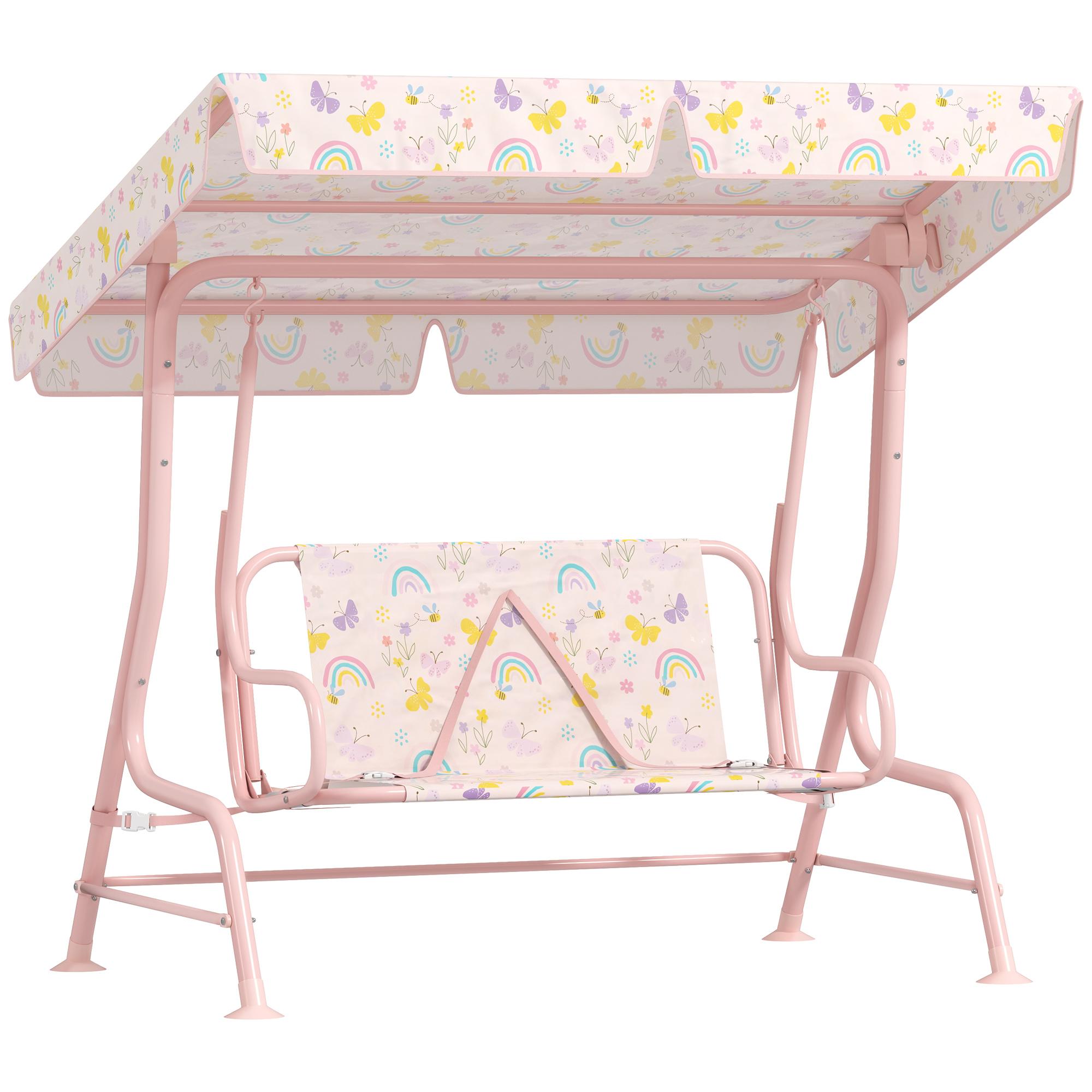 Baloiço de Jardim para Crianças com 2 Lugares Toldo Ajustável Cinto de Segurança e Desenho de Borboletas 112x75x120 cm Rosa