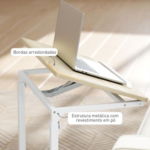 Mesa Auxiliar com Rodas Altura Ajustável Superfície Inclinável e Estrutura de Metal 55x36x62,5 - 82,5 cm Madeira
