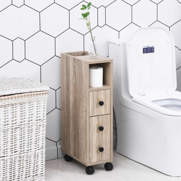 Armário de Casa de Banho para Espaço Reduzido com Rodas Prateleiras Abertas Armário e Gaveta 18x30x68,5 cm Madeira