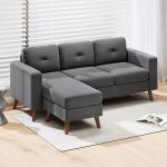 Sofá Chaise Longue Reversível Sofá de Canto em Forma de L de 3 Lugares Estofado em Veludo Cotelê 192x137x84 cm Cinzento Escuro