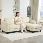Sofá Chaise Longue de 3 Lugares em L Estofado em Veludo Assento e Encosto Almofadados 214x134x87 cm Bege