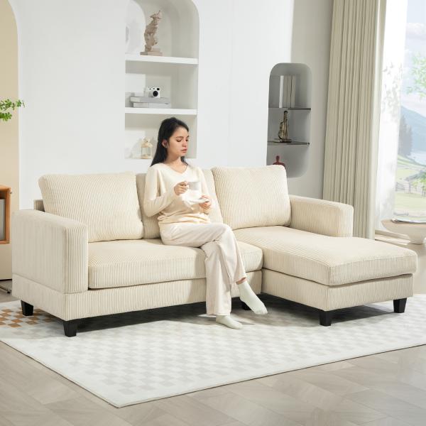 Sofá Chaise Longue de 3 Lugares em L Estofado em Veludo Assento e Encosto Almofadados 214x134x87 cm Bege