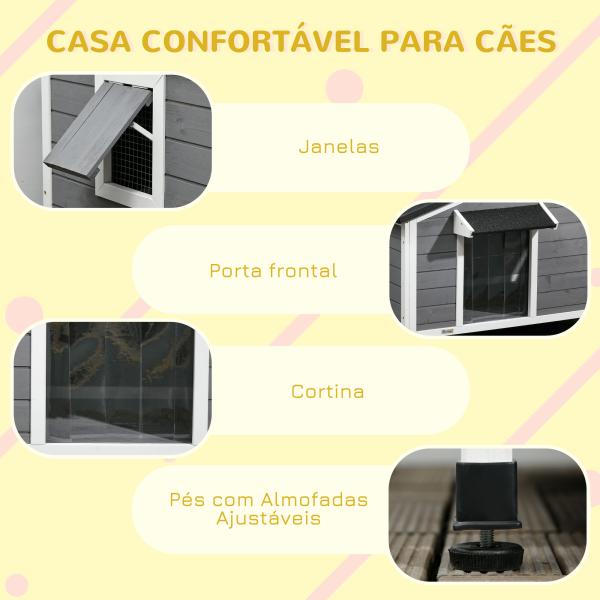 Casa para Cães de Madeira Casa para Animais de Estimação com Teto Asfáltico 2 Janelas Porta com Cortina 97x72x65 cm Cinza