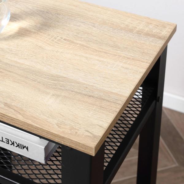 Mesa de Apoio Estilo Industrial com 2 Prateleiras de Grade de Metal e Pés Ajustáveis 45x35x75cm Carvalho e Branco