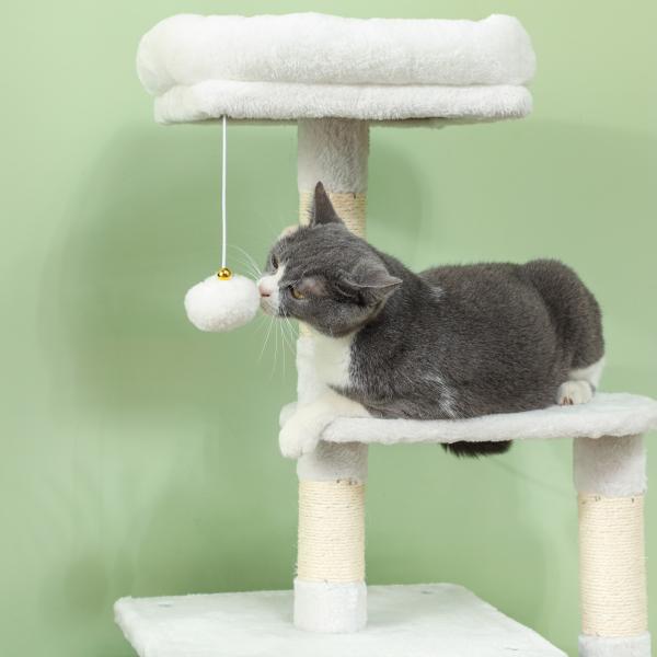 Arranhador para Gatos 126 cm com Caverna Plataformas Bolas Suspensas e Poste de Sisal 56x34x126 cm Cinza e Creme