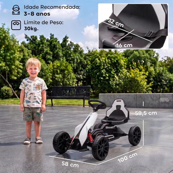 Go Kart Elétrico para Crianças Kart a Bateria 12V Velocidade Ajustável 3 - 5 km/h e Cinto de Segurança 100x58x58,5 cm Branco