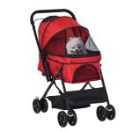 Carrinho para Animais de Estimação Dobrável Carro para Cães e Gatos com Capô Ajustável Cesta de Armazenamento Cinto de Segurança Tecido Oxford 600D Aço 76,5x52x95cm Vermelho