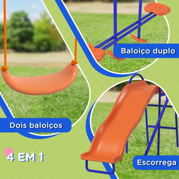 Conjunto de Baloiços 4 em 1 com 2 Baloiços Individuais 1 Baloiço Planador e 1 Escorrega 367x192x180 cm Multicor