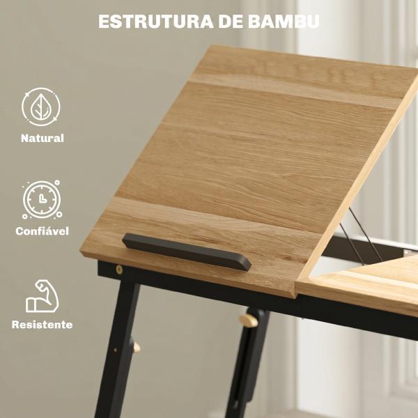 Mesa Reclinável para Cama e Sofá, Bandeja Dobrável com Gaveta Lateral para Portátil e Livros, 5 Alturas, Carvalho