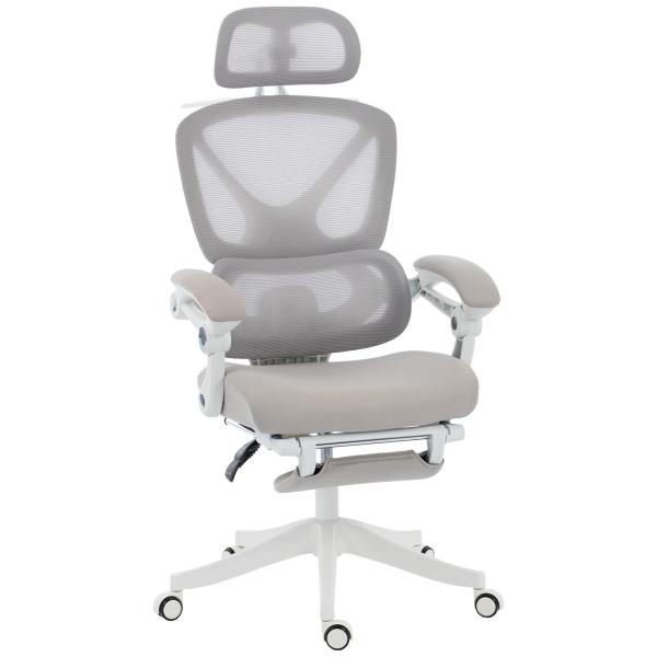 Cadeira de Escritório de Malha Reclinável com Apoio de Cabeça, Suporte Lombar, Apoio para os Pés e Altura Regulável, Cinzento Claro