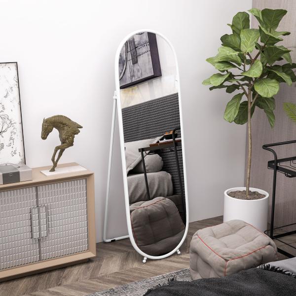 Espelho de Pé Oval 160x40 cm Espelho de Corpo Inteiro com Moldura Metálica Suporte e 2 Formas de Utilização Branco
