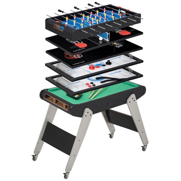 Mesa de Jogos 6 em 1 com Rodas Bilhar Matraquilho Ping Pong Lançamento de Anéis Hóquei com Bastão e Hóquei com Discos 120x88x79cm Multicor