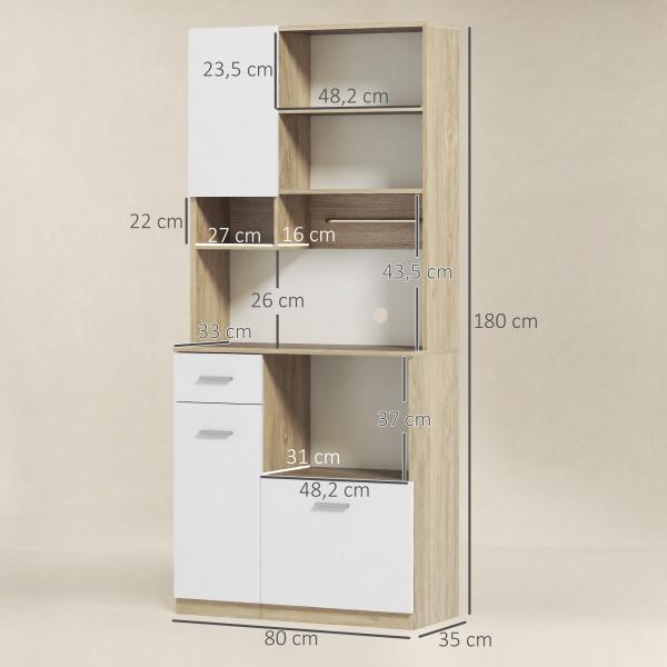 Armário de Cozinha Alto com 3 Portas, 9 Prateleiras, Gaveta e Prateleiras Ajustáveis, Estilo Moderno, 80x35x180 cm, Branco e Carvalho