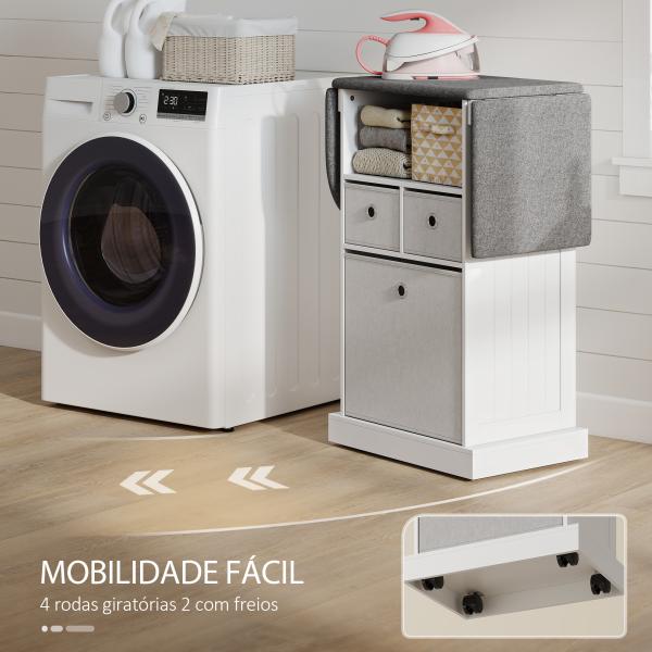 Móvel para Engomar Roupa com Rodas Tábua de Engomar Dobrável com 3 Gavetas Compartimento Aberto 121x37x89,5 cm Branco