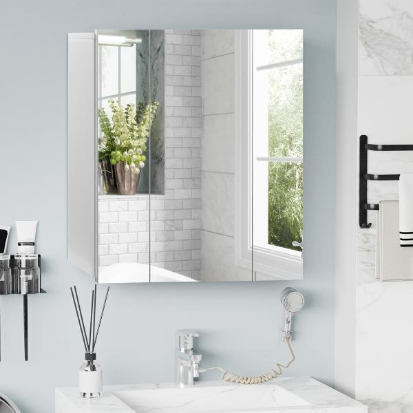 Armário de Casa de Banho com 3 Portas com Espelho Armário de Parede com Prateleiras Internas Ajustáveis 70x15x60 cm Branco