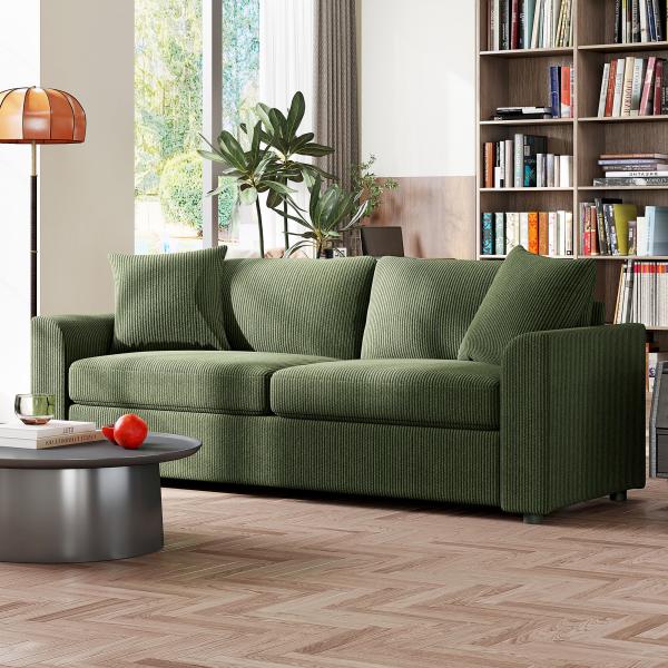 Sofá de 3 Lugares Sofá Sala de Estar 212x80x88 cm Estofado em Veludo Canelado com 2 Almofadas Desenho Moderno Verde