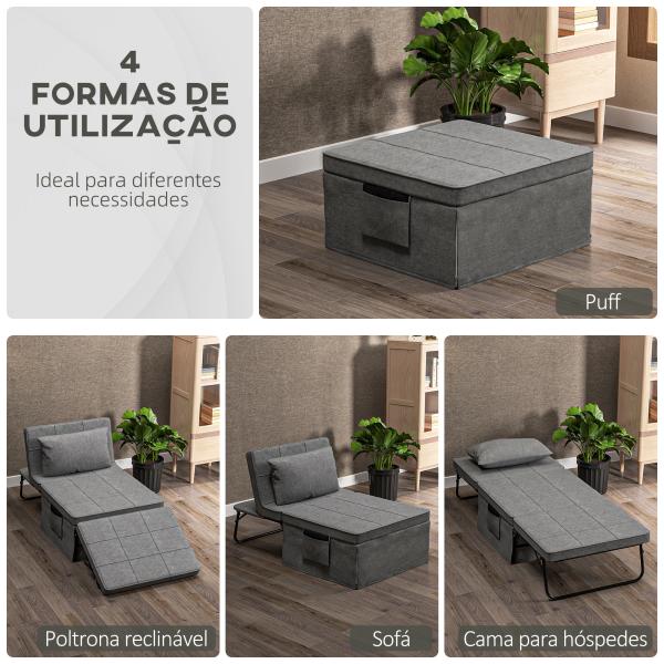 Sofá Cama 4 em 1 Estofado em Linho com Encosto Ajustável em 5 Níveis e Almofada Acolchoada 75x80x74 cm Cinza