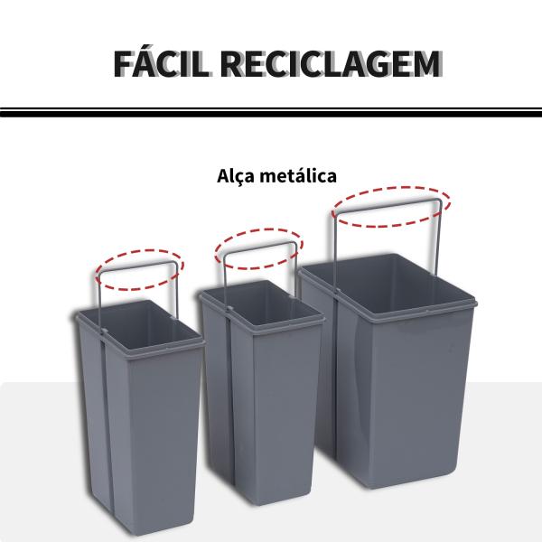 Cubos de Lixo para Cozinha com 3 recipientes de Reciclagem Removíveis 1x20L e 2x10L Metal e Plástico 48x34,2x41,8cm Cinza