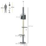 Árvore Arranhador para Gatos para Fixar ao Teto Altura Ajustável 229 - 235cm 260 - 266cm com Plataformas Caverna Postes de Sisal Bolas Penduradas 40x40x217 cm Cinza Claro