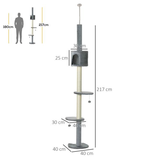 Árvore Arranhador para Gatos para Fixar ao Teto Altura Ajustável 229 - 235cm 260 - 266cm com Plataformas Caverna Postes de Sisal Bolas Penduradas 40x40x217 cm Cinza Claro
