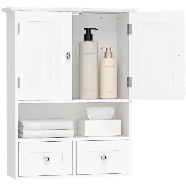 Armário de Parede para Casa de Banho com 2 Portas Prateleira Aberta e 2 Gavetas Estilo Moderno 50,8x17,8x66 cm Branco