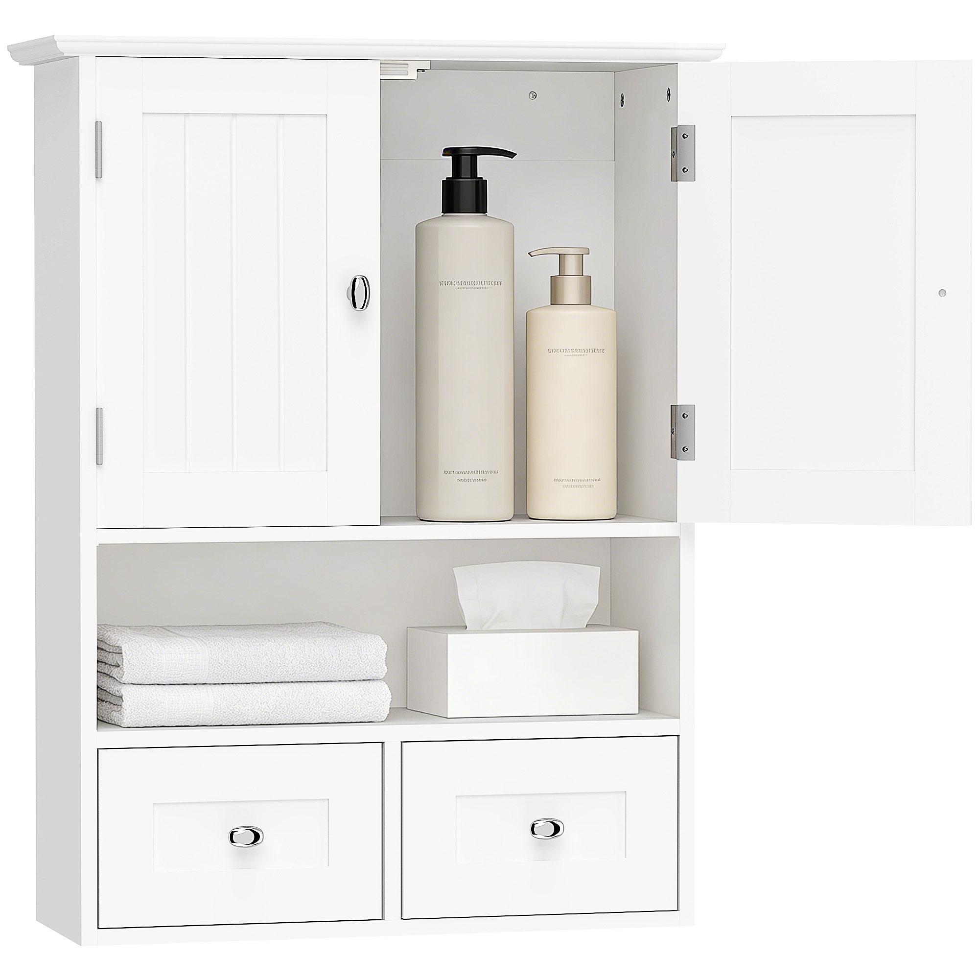 Armário de Parede para Casa de Banho com 2 Portas Prateleira Aberta e 2 Gavetas Estilo Moderno 50,8x17,8x66 cm Branco