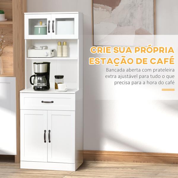 Armário de Cozinha com 4 Portas Gaveta e Prateleiras Ajustáveis para Sala de Jantar Estilo Moderno 60x38x161 cm Branco