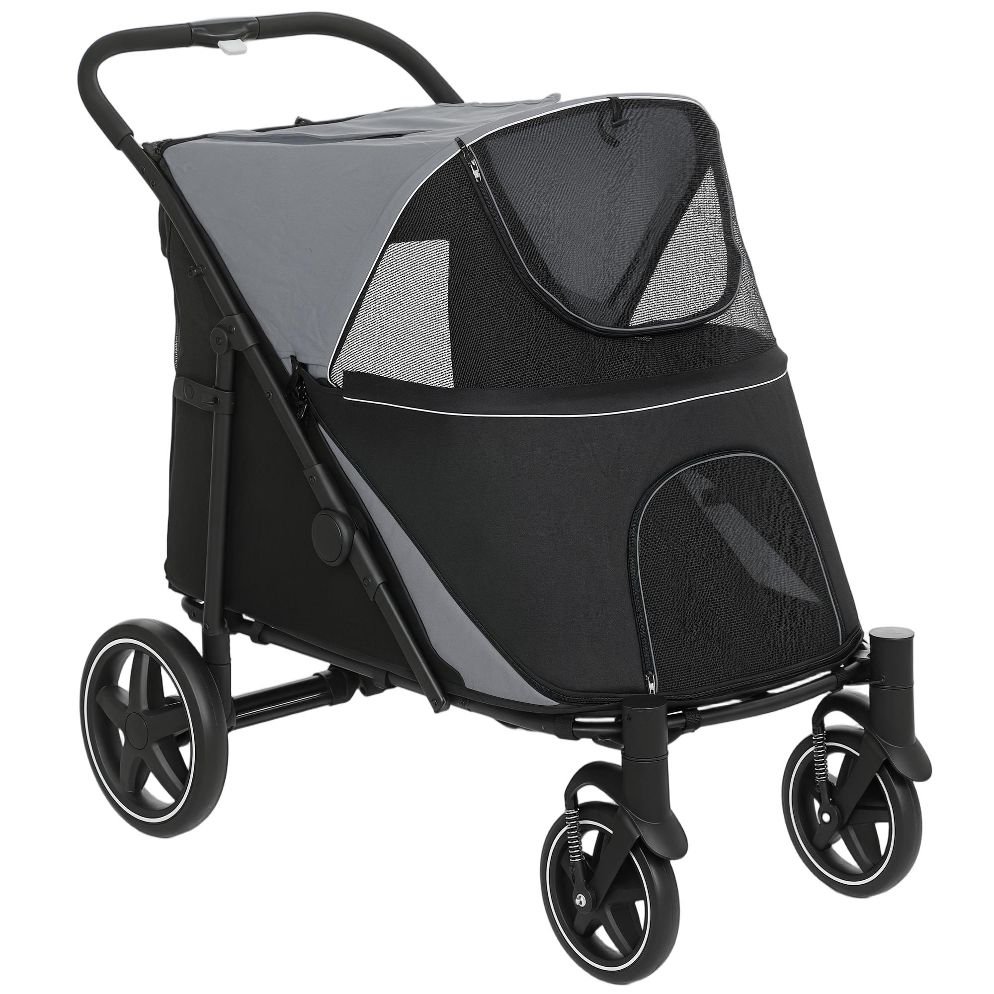 Carrinho para Cães Dobrável com Janelas de Malha Cinto de Segurança e Bolsos de Armazenamento 112x65x100 cm Cinzento