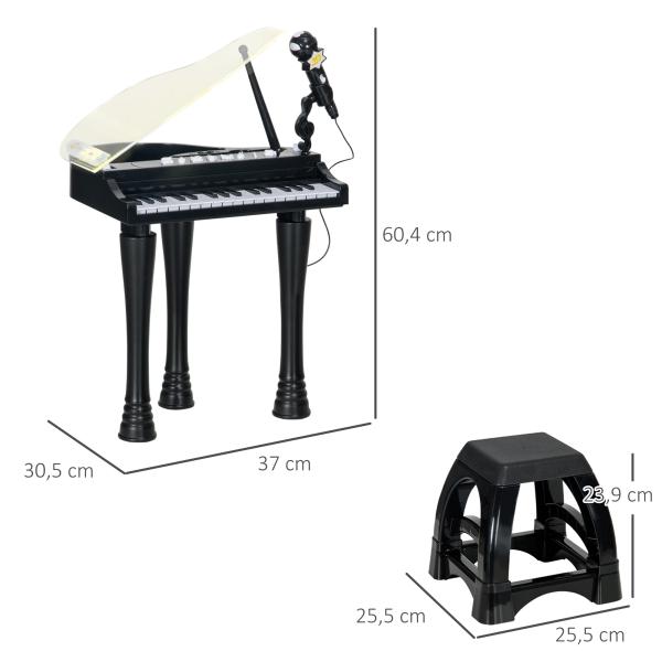 Piano Eletrónico para Crianças com 32 Teclas Microfone banco Luzes 22 Músicas 4 Tons e Volume Ajustável 37x30,5x60,4 cm Preto