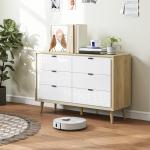Cómoda 6 Gavetas Cómoda Quarto com Pernas de Madeira Estilo Moderno 110x40x75 cm Branco Brilhante e Carvalho