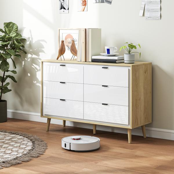 Cómoda 6 Gavetas Cómoda Quarto com Pernas de Madeira Estilo Moderno 110x40x75 cm Branco Brilhante e Carvalho