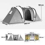 Tenda de Campismo Familiar para 4 - 5 Pessoas Impermeável 3000 mm com 2 Quartos Bolsa de Transporte e Gancho 450x220x180 cm Cinzento