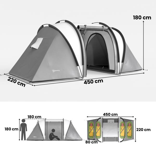 Tenda de Campismo Familiar para 4 - 5 Pessoas Impermeável 3000 mm com 2 Quartos Bolsa de Transporte e Gancho 450x220x180 cm Cinzento
