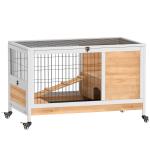 Coelheira de Madeira Gaiola de para Pequenos Animais Portátil com Teto Abatível Rampa Bandeja Amovível 90x53x59cm Madeira