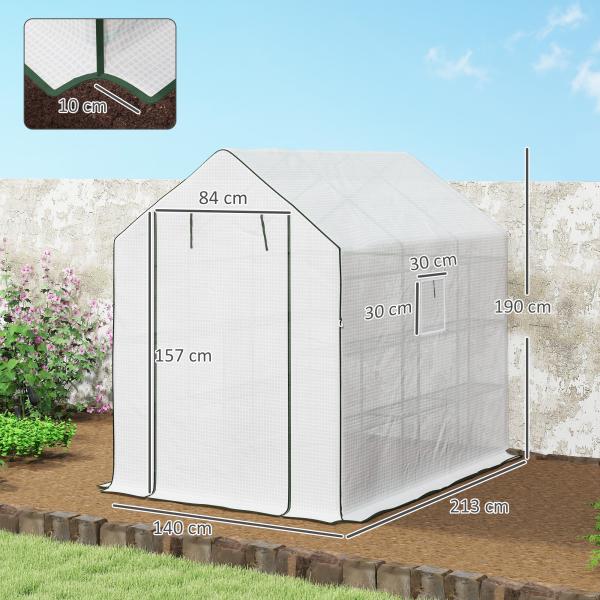 Estufa de Jardim de 3 Níveis com 12 Prateleiras Porta Enrolável Janelas Anti - UV Cobertura de PE 140x213x190 cm Branco