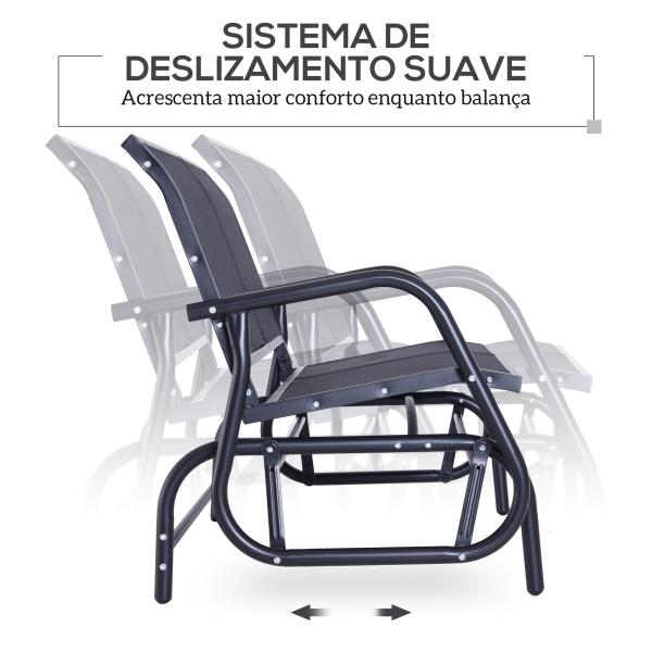 Baloiço de 2 Lugares com Tubo de Metal e Tecido de Textilene para Exteriores Carga Máx. 200 kg 120x70x85 cm Preto