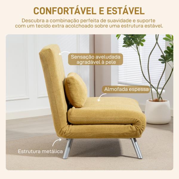 Sofá Cama de 1 Lugar Dobrável Estofado em Tecido Amarelo Mesclado com Encosto Ajustável em 5 Níveis 80x75x83 cm