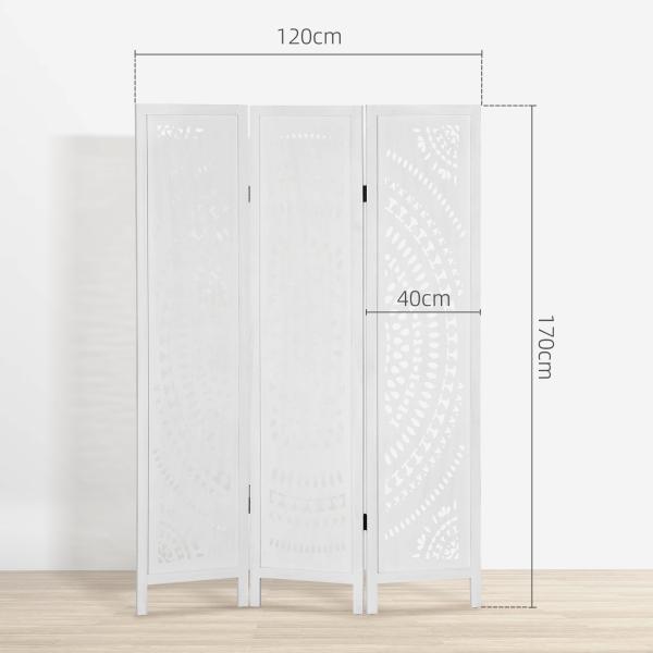 Biombo Dobrável de 3 Painéis de Madeira 120x170 cm Biombo Separador de Ambientes com Padrões Gravados Elegantes Branco