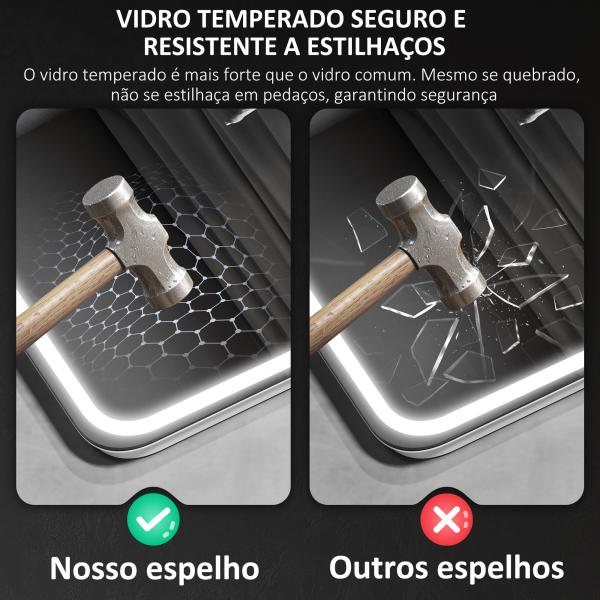 Espelho de Casa de Banho com Luz LED 70x50 cm Bluetooth 3 Cores de Luz Relógio Digital Função Antiembaciamento Memória Prata